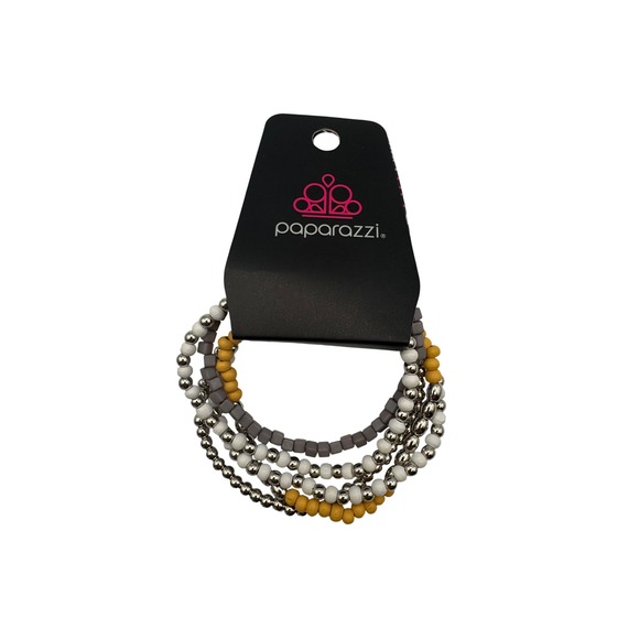paparazzi Jewelry - Paparazzi Adventure is Calling Silver Grey Yellow Beaded Stretch Bracelet Set